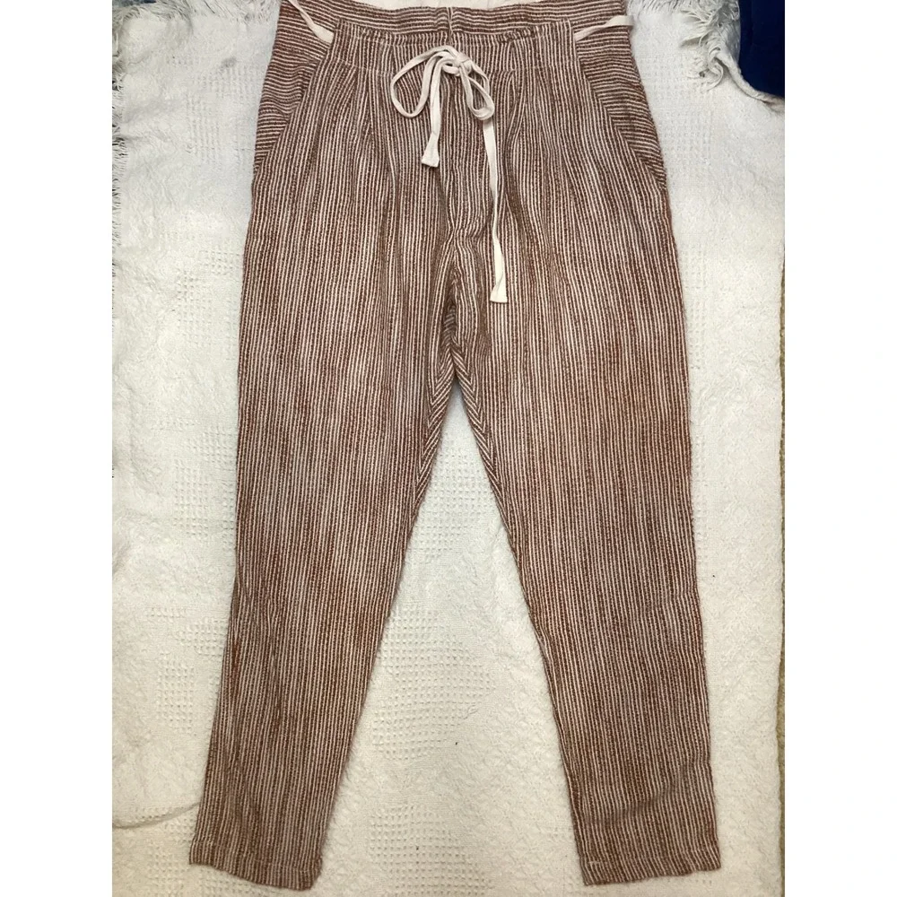 Free‎ People Striped Tapered Pants SZ 4 Brown Cream Excellent Cotton Drawstring